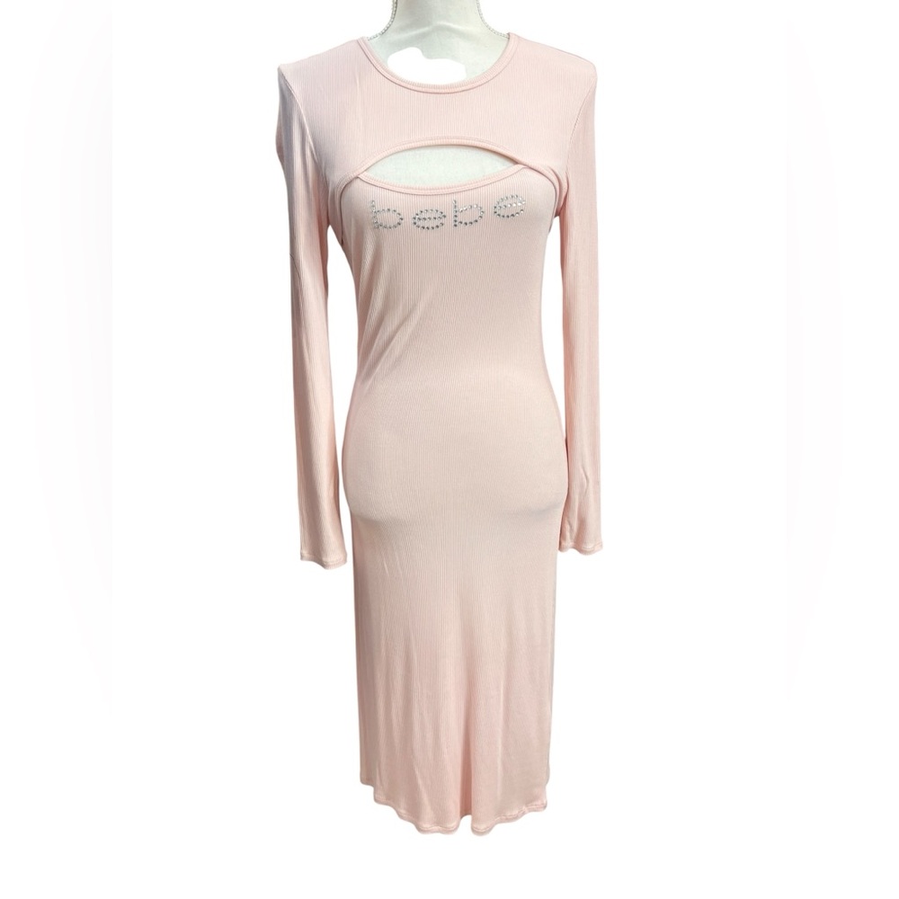 Bebe Y2K Rhinestone Logo Cutout Bodycon Midi Dress Blush Pink Ribbed Size M - Picture 2 of 11